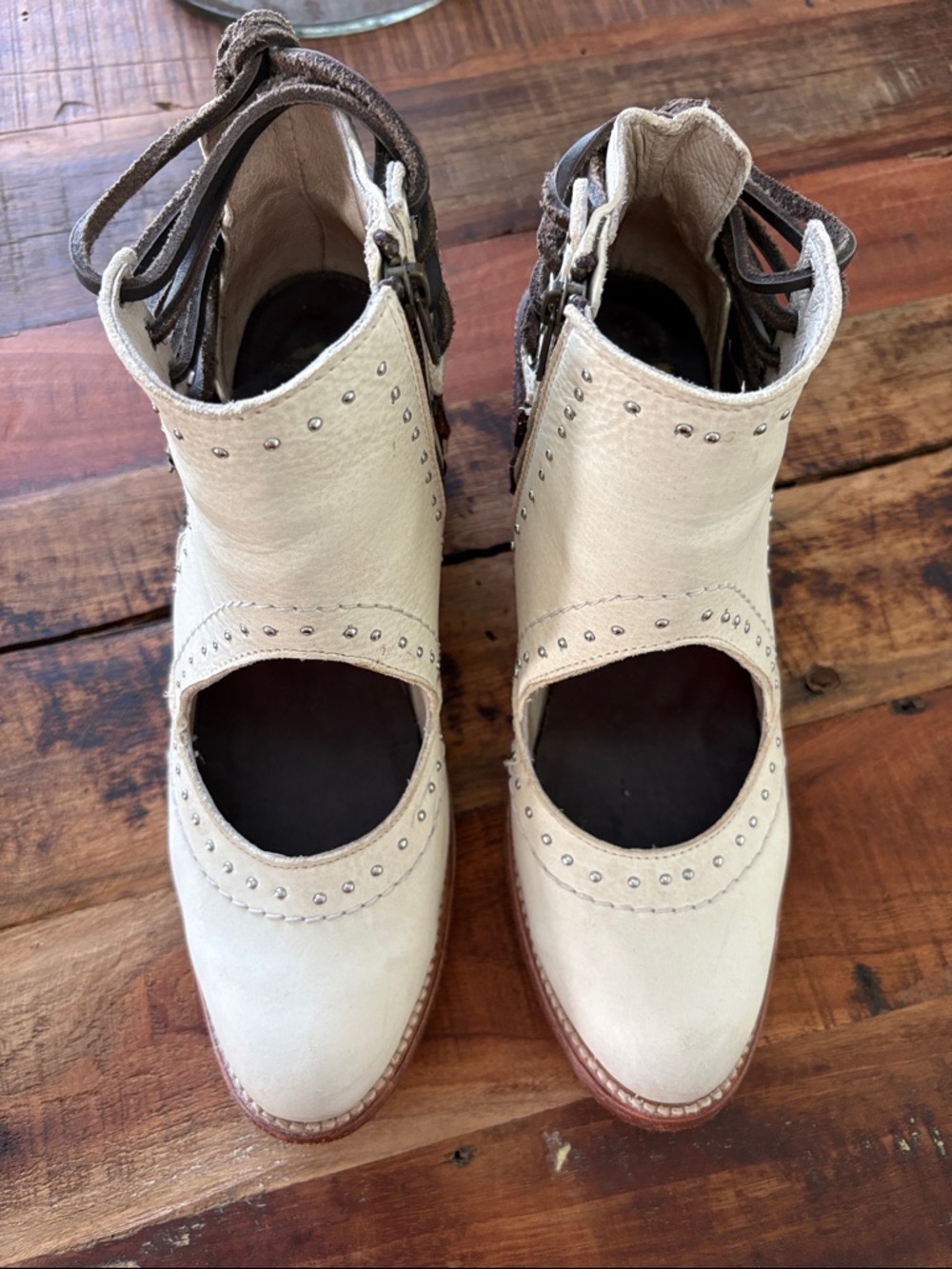 Freebird Leather Cutout Ankle Booties in Cream and Brown - Picture 2 of 6